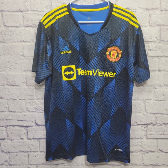 NWT Adidas Manchester United Jersey Size L Blue Yellow Team Viewer Soccer Away - Picture 1 of 9